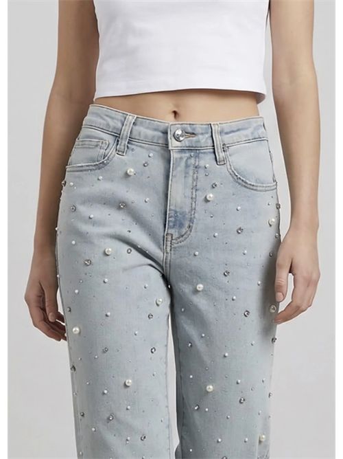 Pantalone Jeans Boyfriend Fit Denim Chiaro con Perle  Vita Media - Stile Casual Glam Met Met | M12 RENZA T1L934V.UNICA